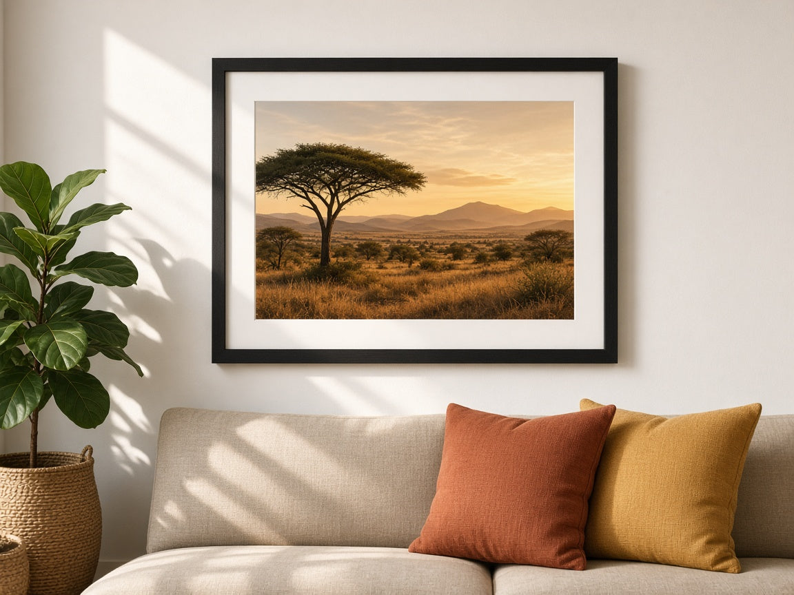 Custom framed photo print in a Classic Black frame with white mount, on a living room wall
