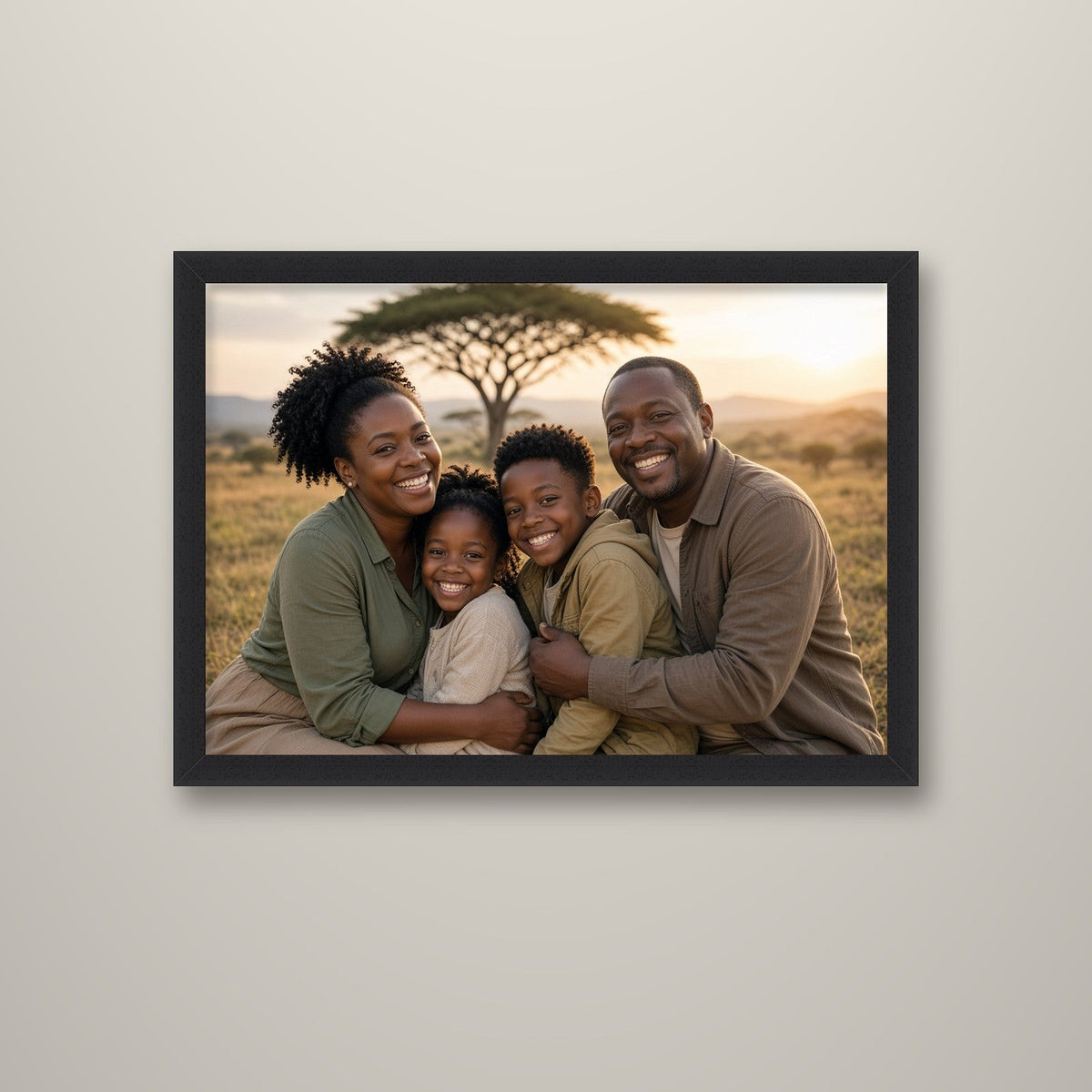 Family photo framed canvas print in a black frame on a wall