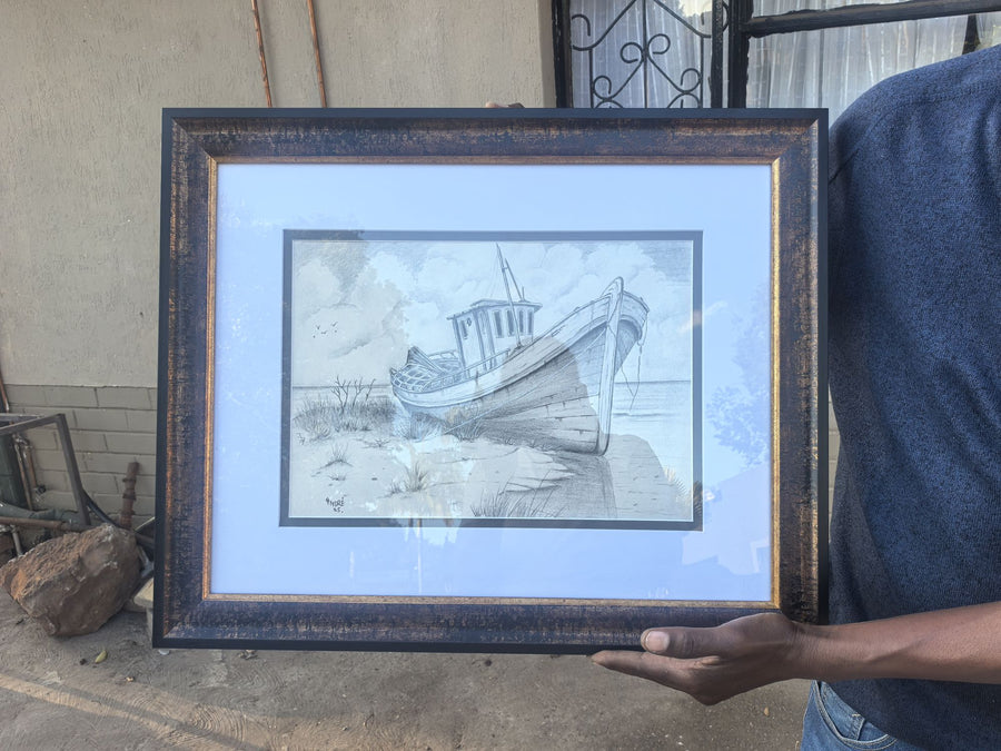 Framed boat sketch with mat