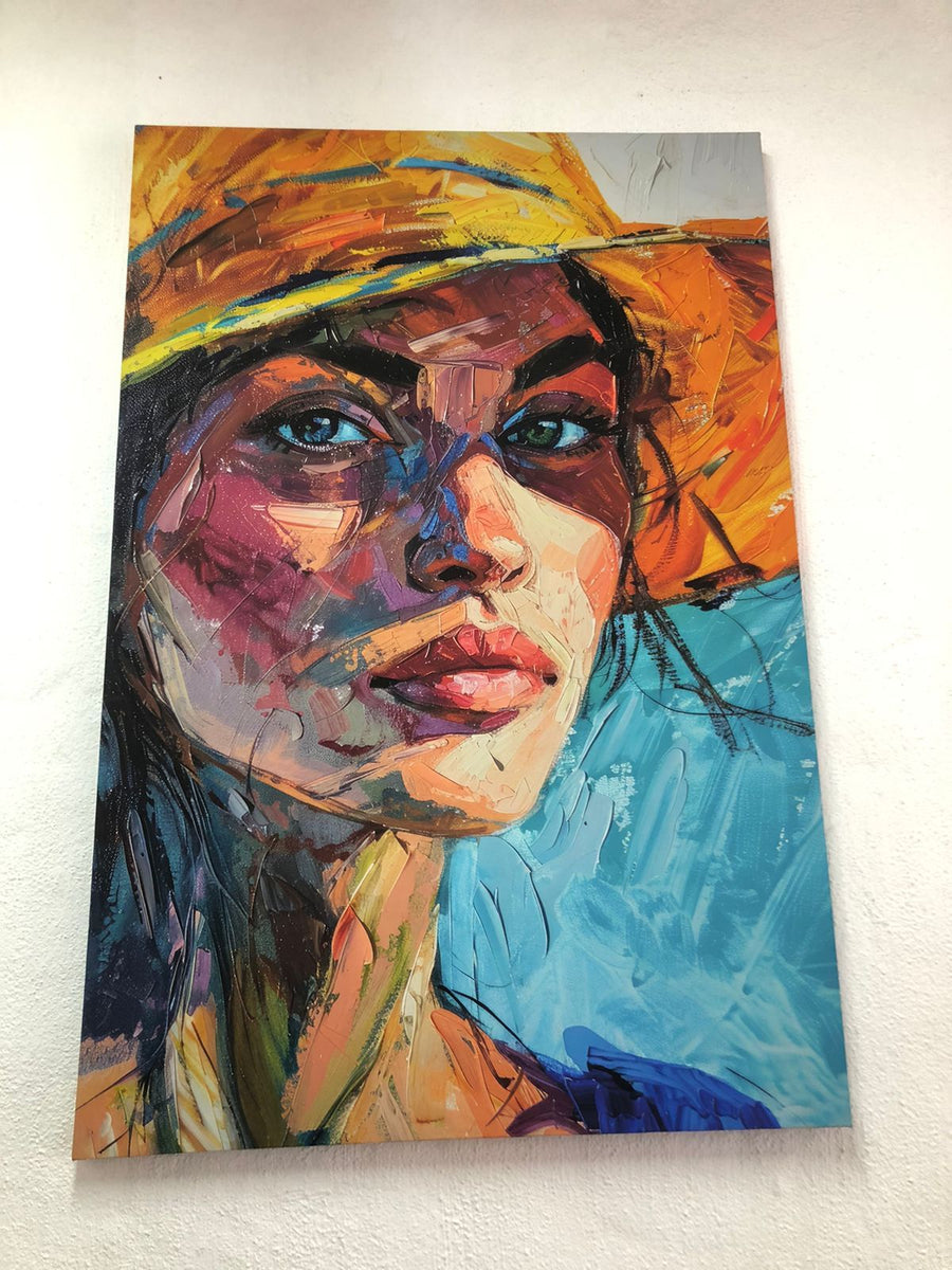 Colourful painted portrait canvas of a woman in a hat