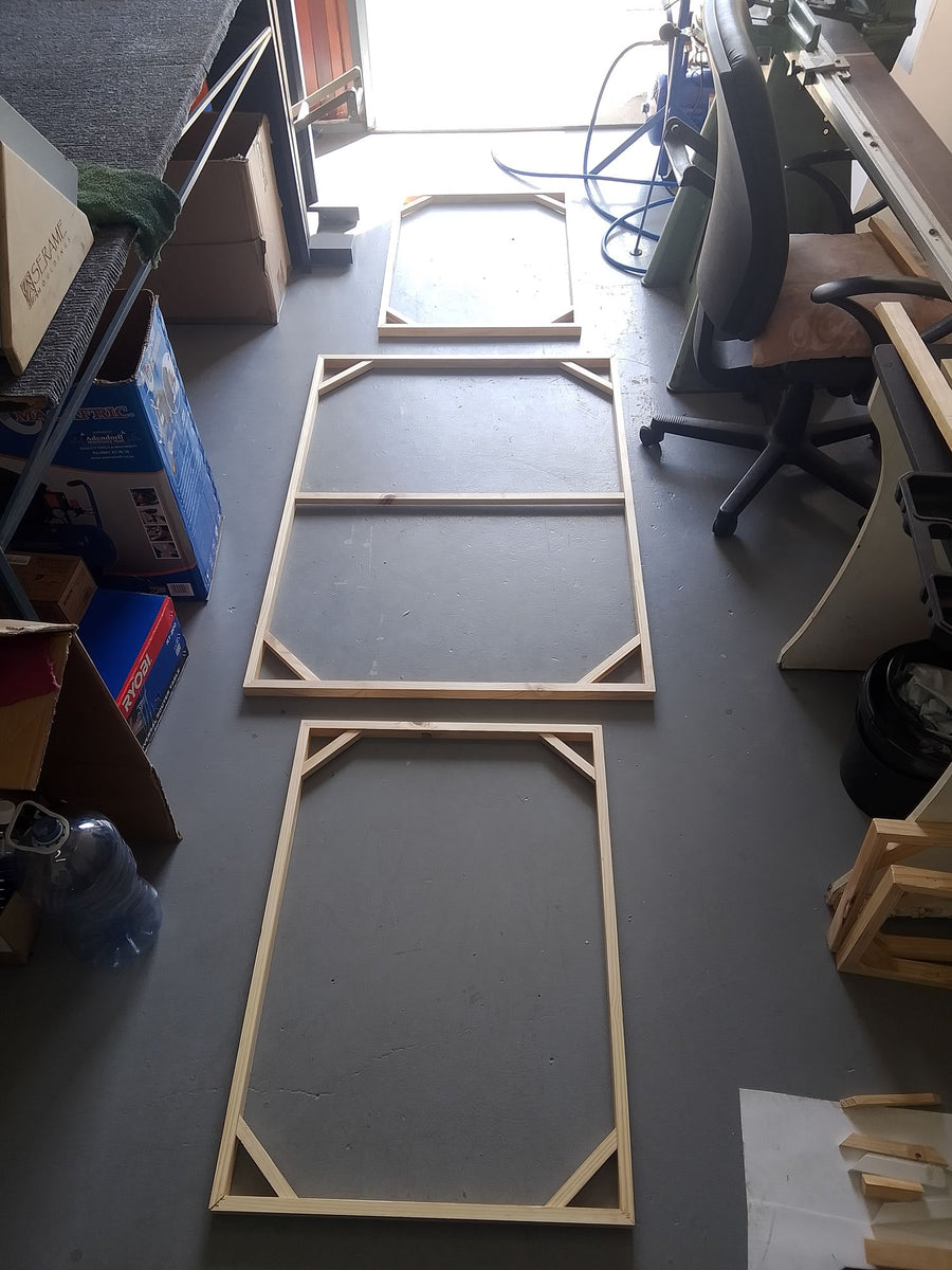 Canvas stretcher frames being built in the workshop