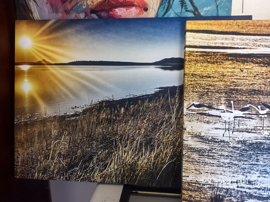 Sunset lake and flamingo canvas prints