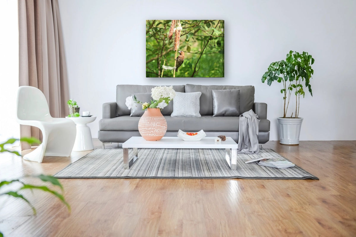 Bird in the Reeds by Mark Isaacs canvas print in a living room