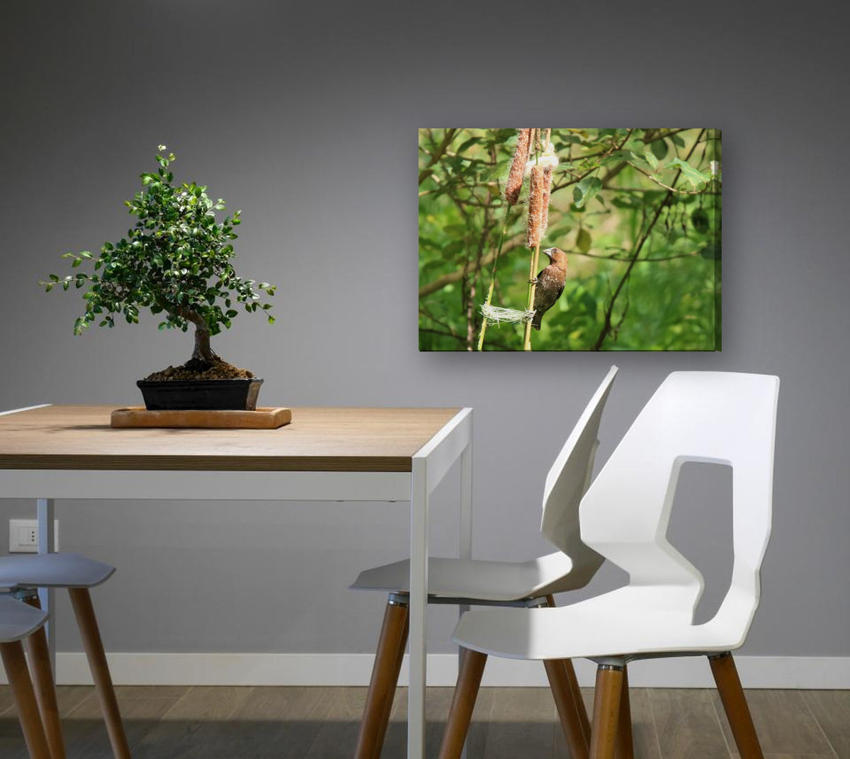 Bird in the Reeds by Mark Isaacs canvas print in a dining nook