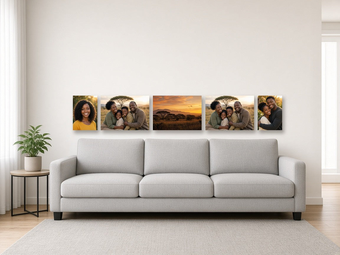 Above-the-Bed Five canvas combo on a wall above a sofa