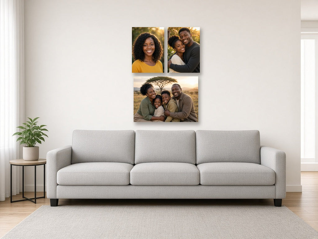 Couple's Two Plus One canvas combo on a wall above a sofa