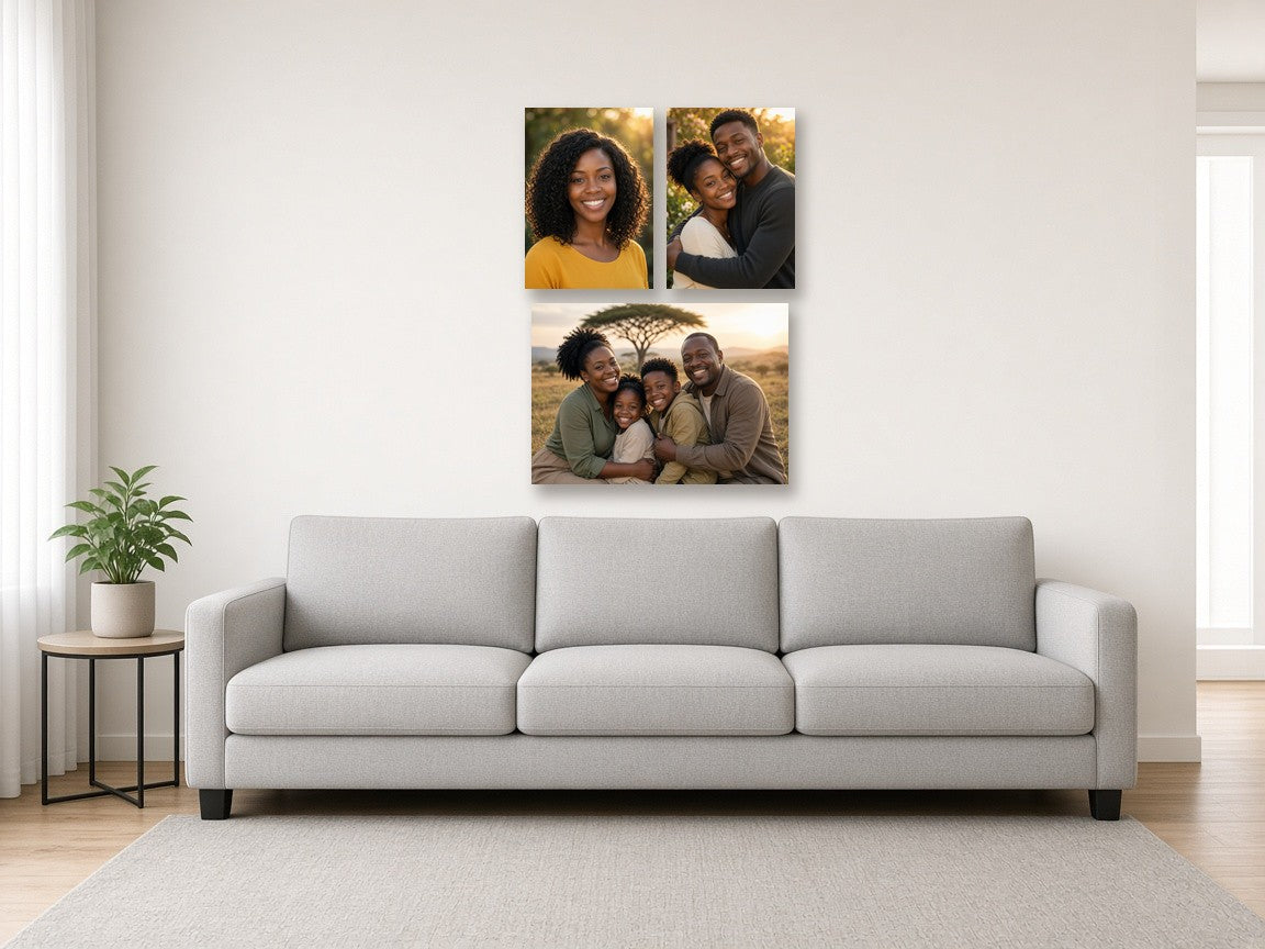 Couple's Two Plus One canvas combo on a wall above a sofa