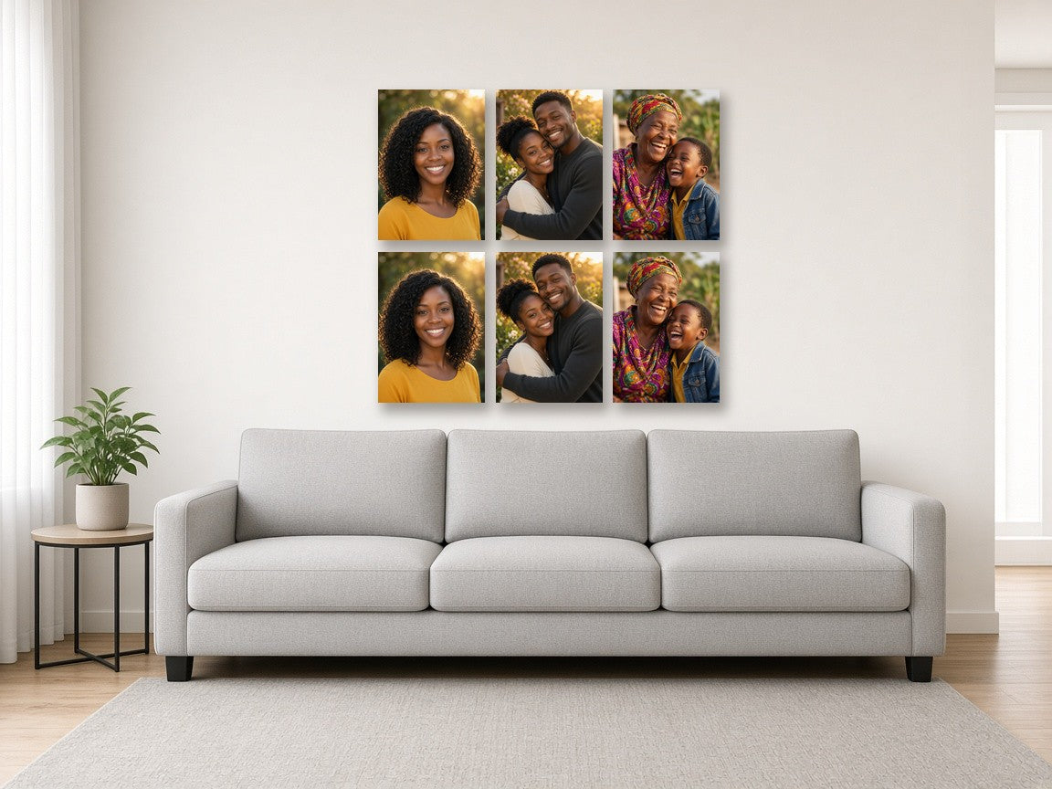 Family Wall Six canvas combo on a wall above a sofa