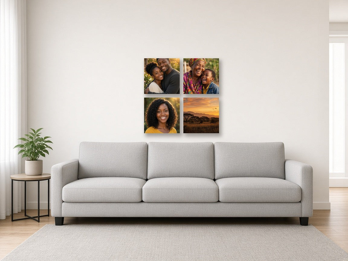 Grid of Four canvas combo on a wall above a sofa