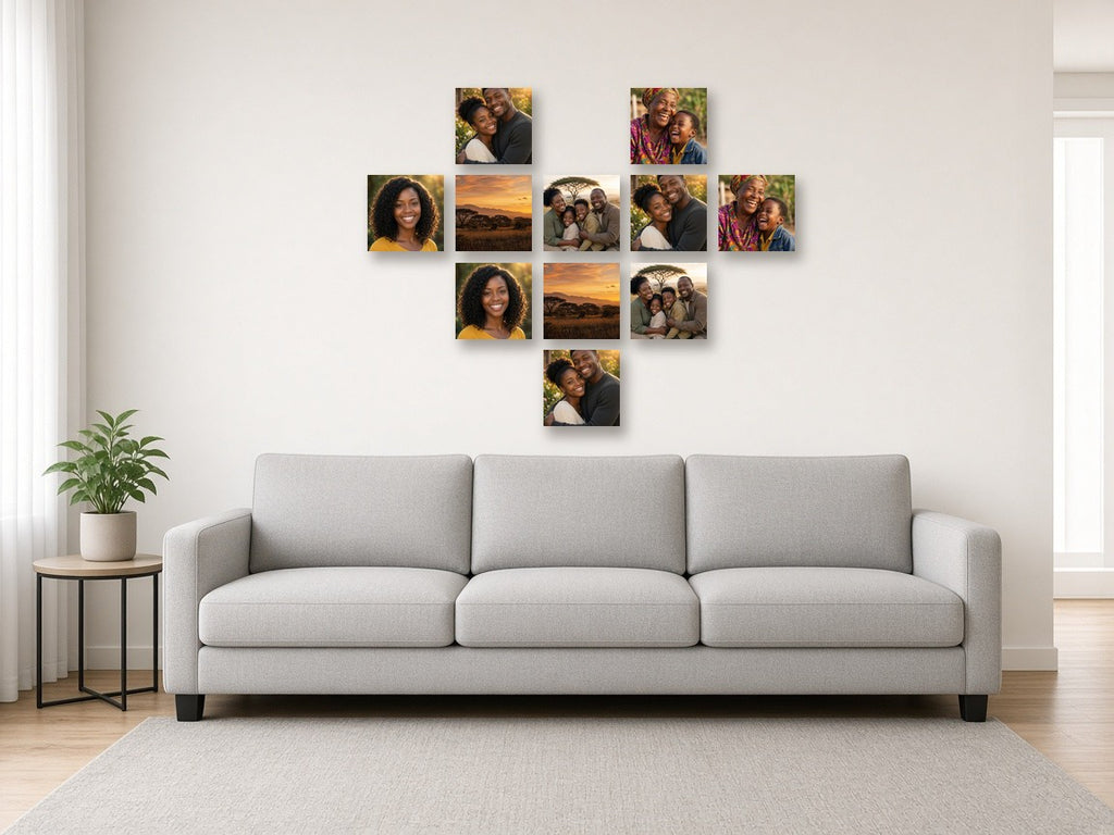 Heart Cluster canvas combo on a wall above a sofa
