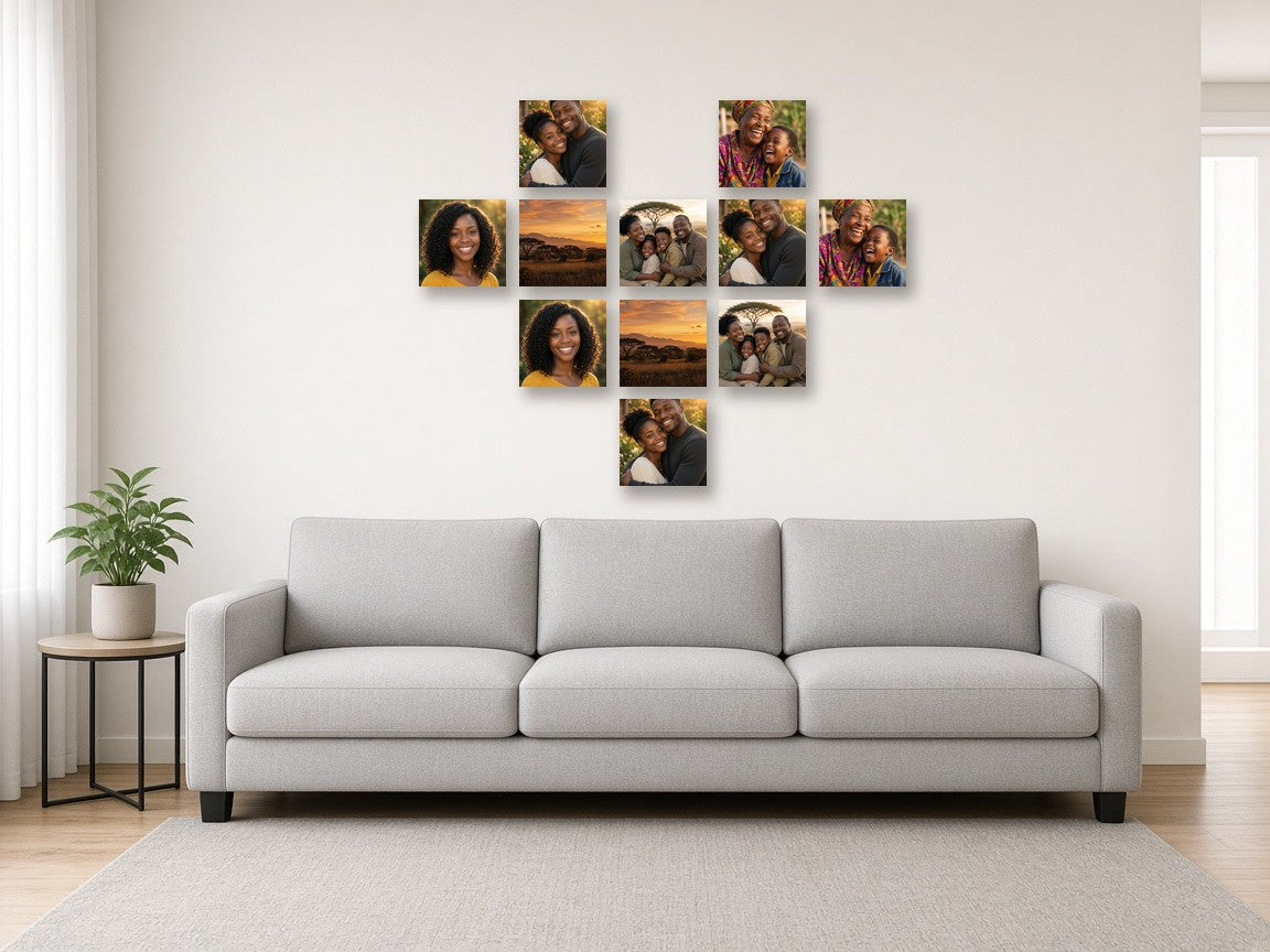 Heart Cluster canvas combo on a wall above a sofa