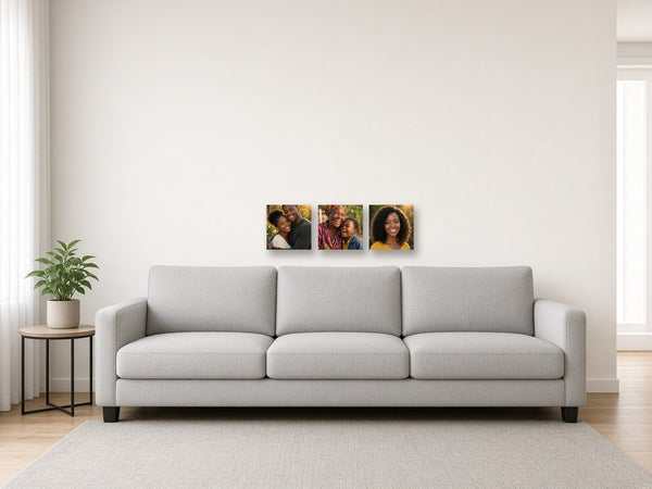 Mini Desk Trio canvas combo on a wall above a sofa