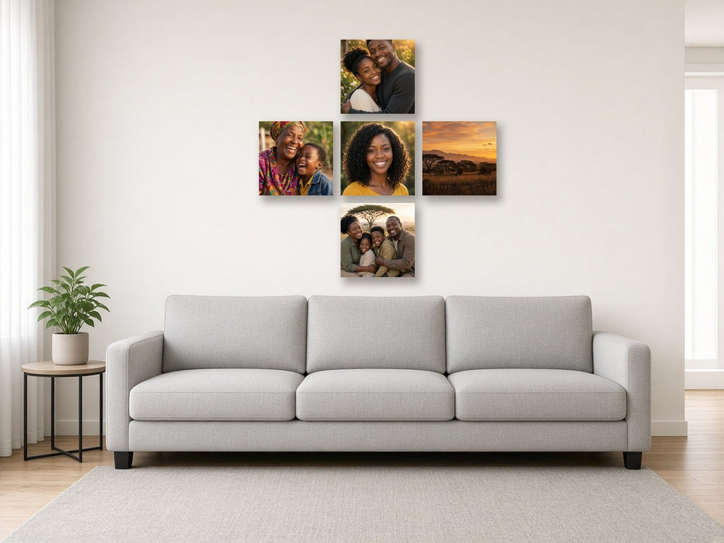 Plus Five canvas combo on a wall above a sofa