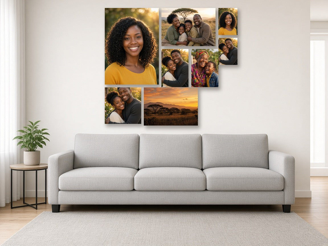 Salon Eight canvas combo on a wall above a sofa