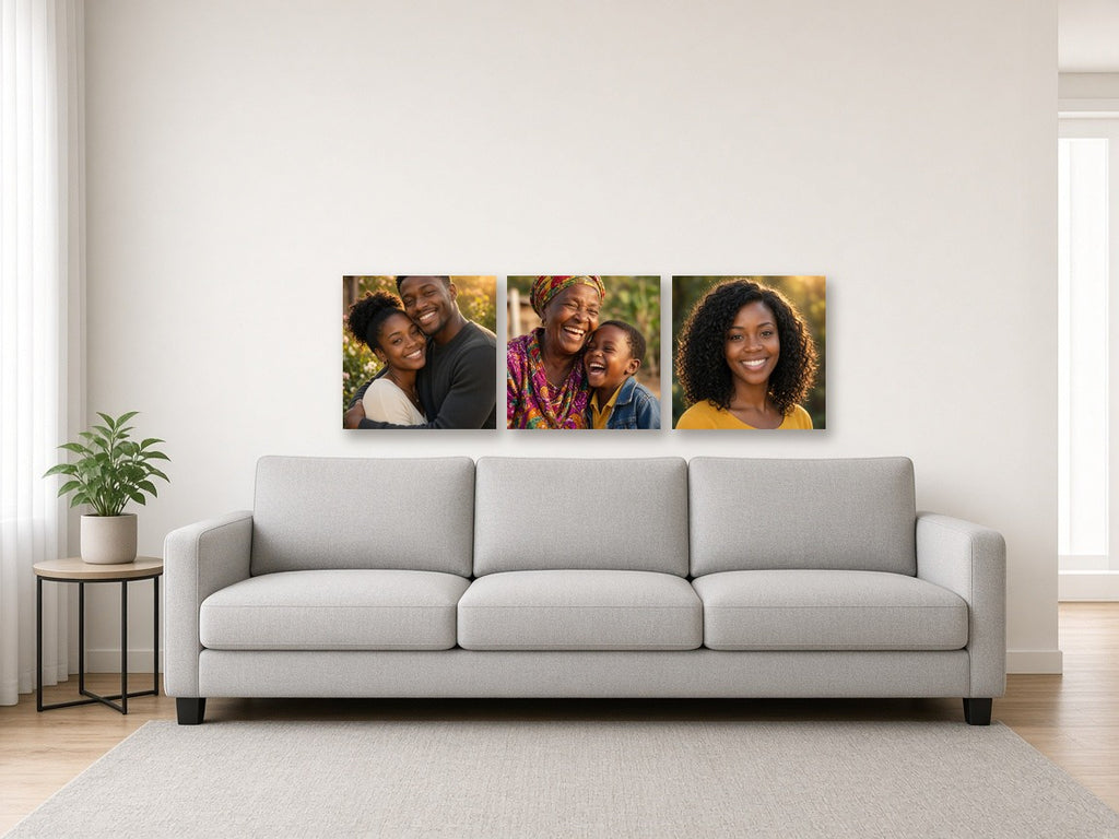 Square Trio canvas combo on a wall above a sofa