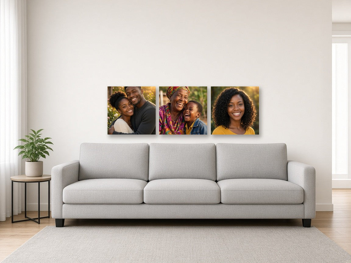 Square Trio canvas combo on a wall above a sofa