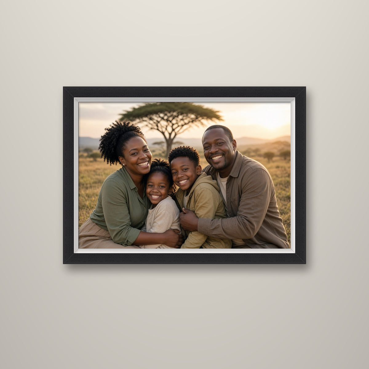 Family photo canvas in a black frame with a thin white inner frame