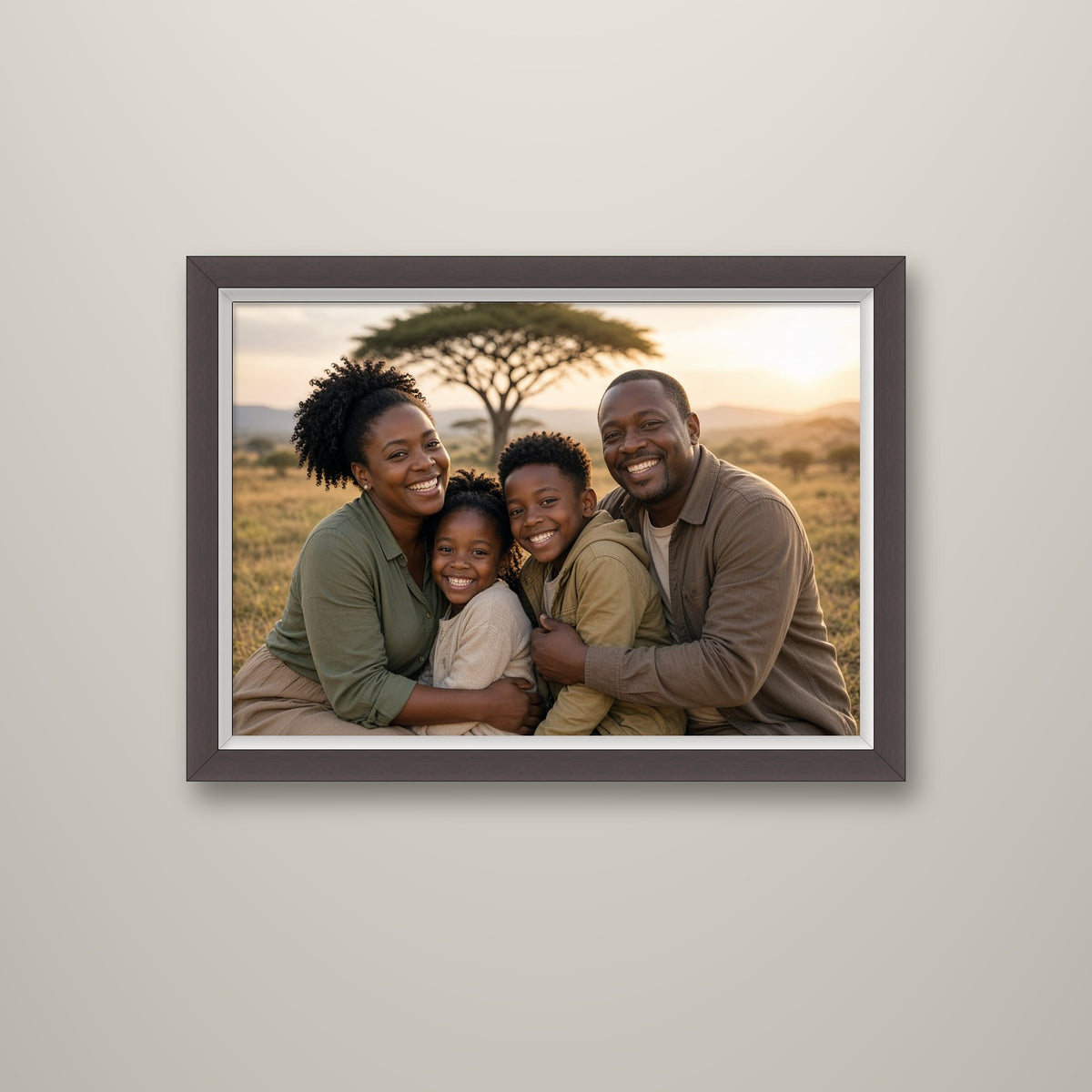 Family photo canvas in a brown frame with a thin white inner frame