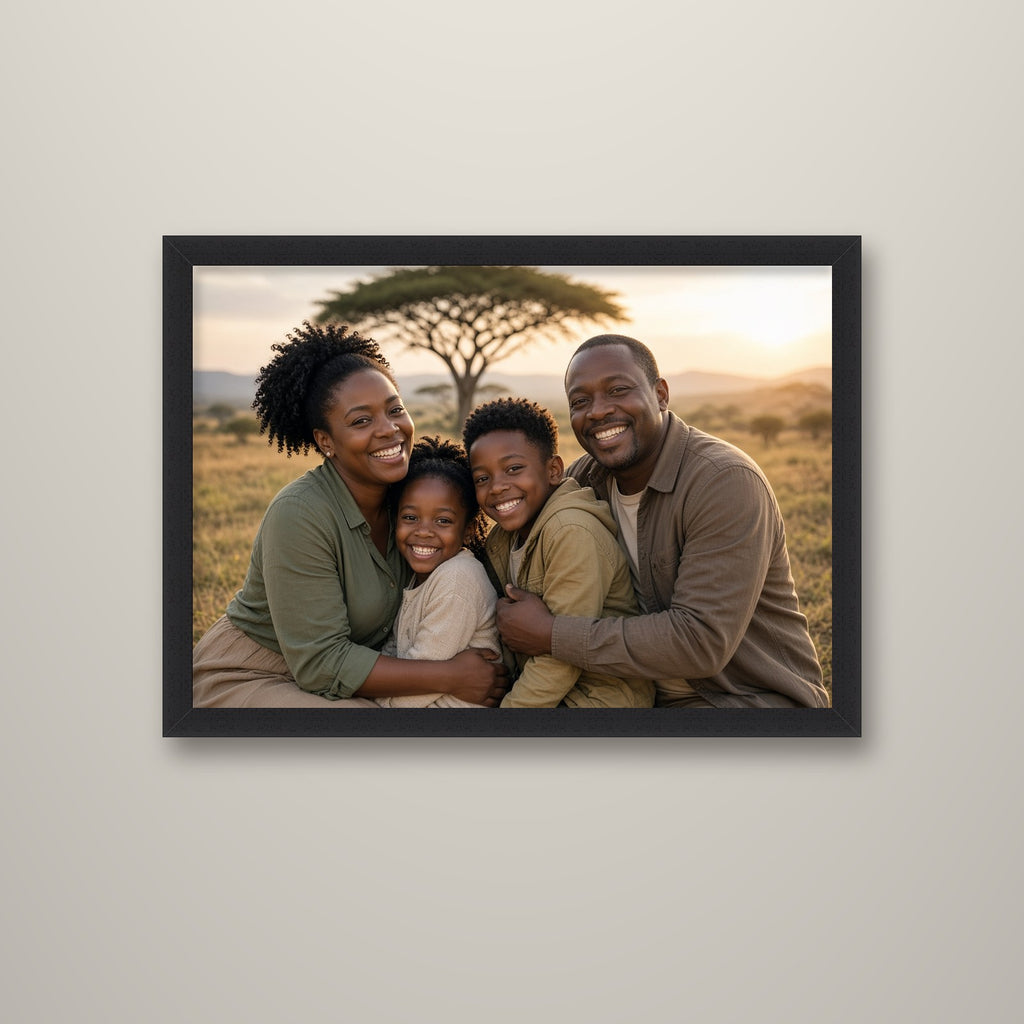 Family photo framed canvas print in a black frame on a wall