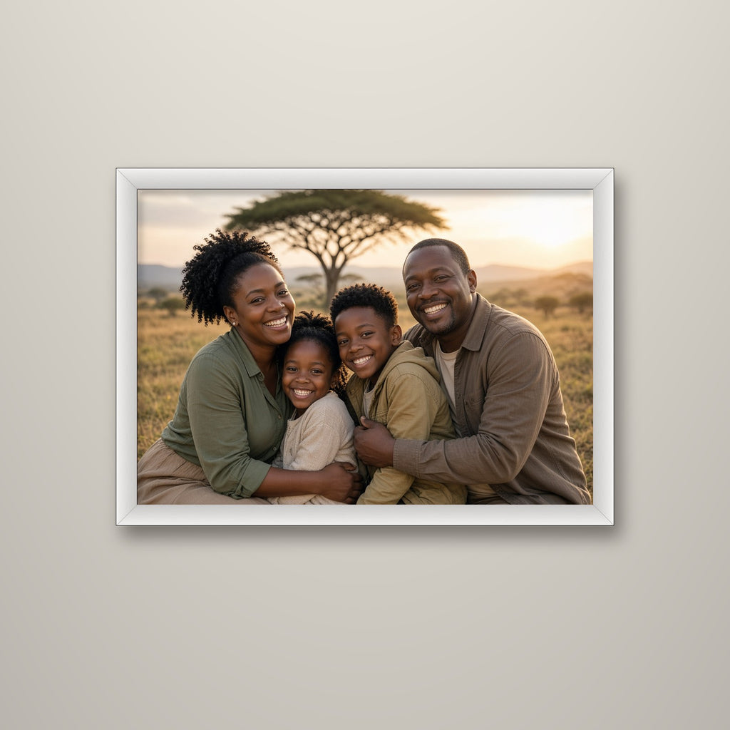 Family photo framed canvas print in a white frame on a wall
