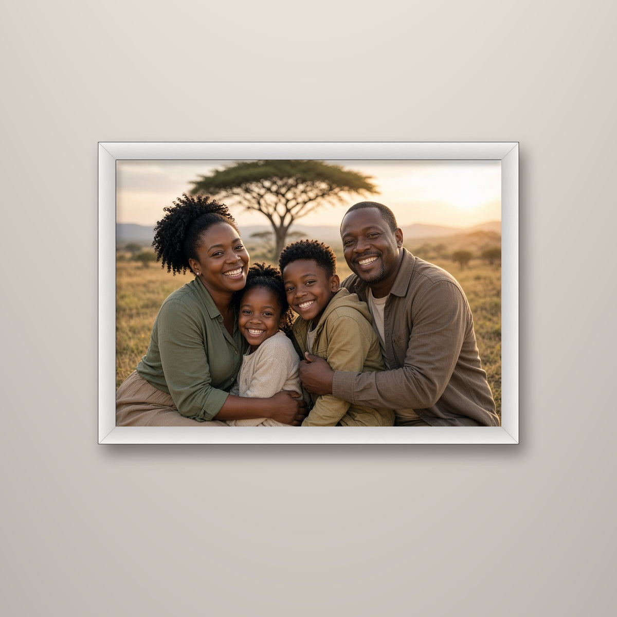 Family photo framed canvas print in a white frame on a wall