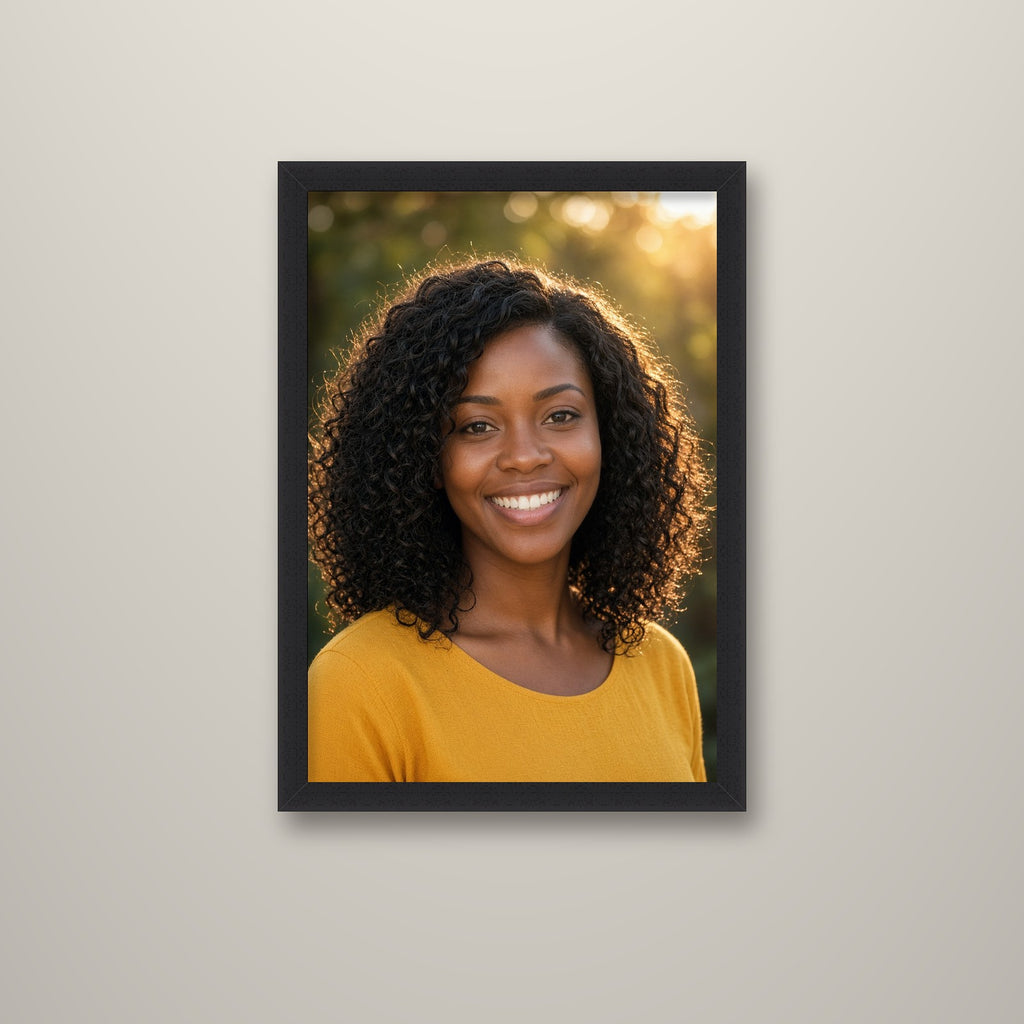 Portrait photo framed canvas print in a black frame