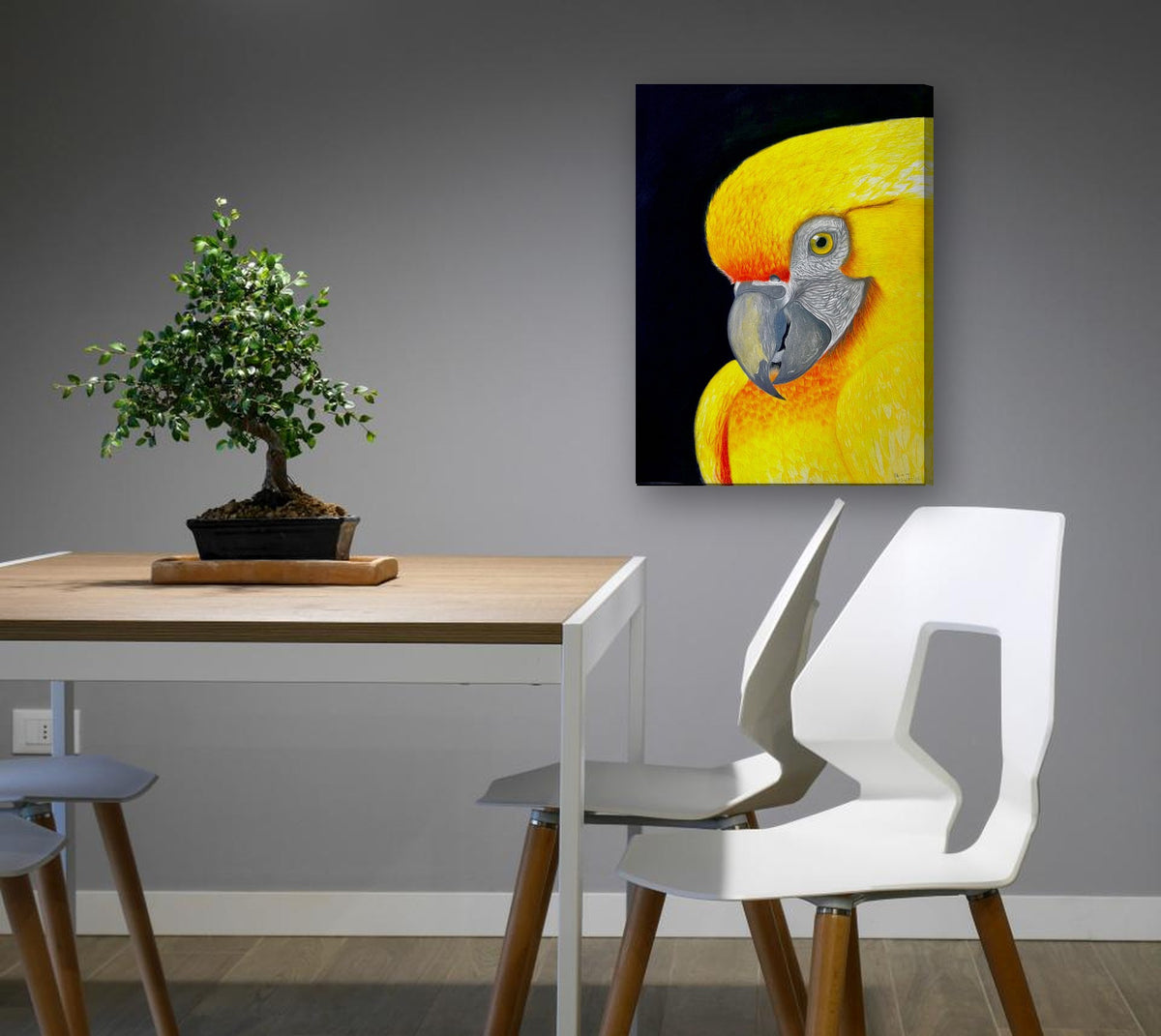 Golden Parrot by Sipho canvas print in a dining nook