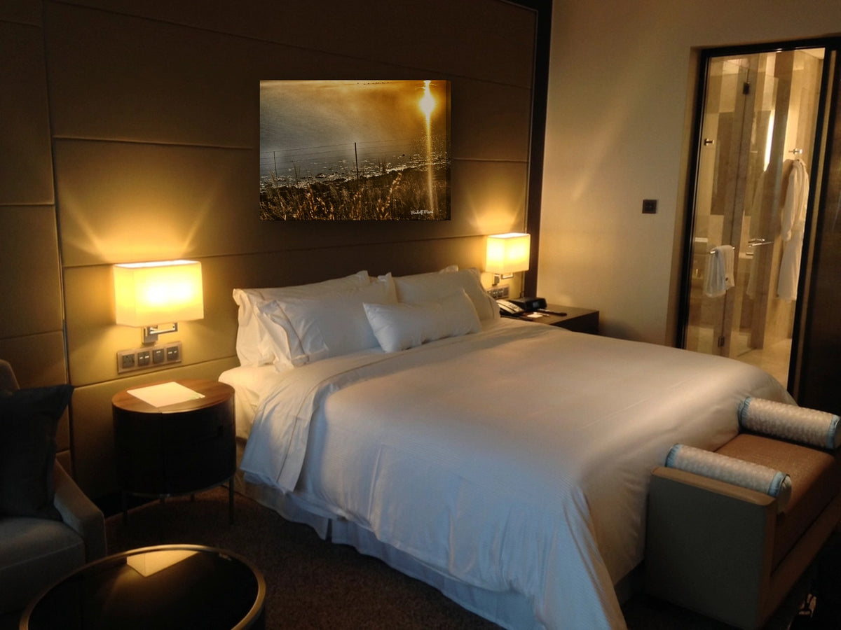 Golden Sunset Over the Water by Rudolf Maré canvas print in a bedroom