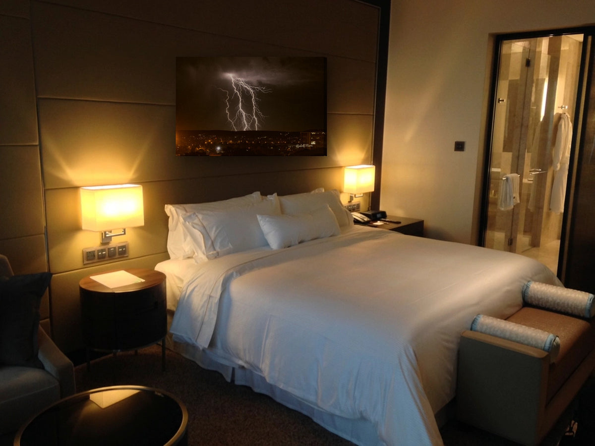 Lightning Strike at Night by Rudolf Maré canvas print in a bedroom
