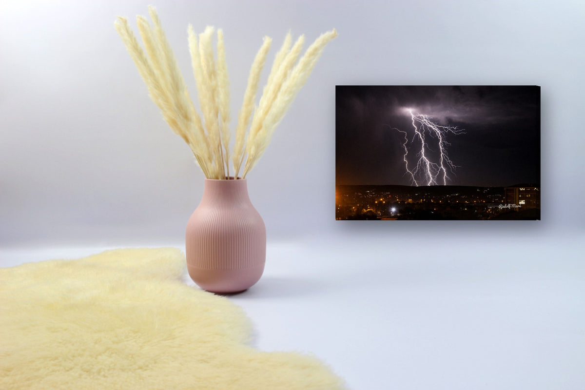 Lightning Strike at Night by Rudolf Maré canvas print in a styled corner
