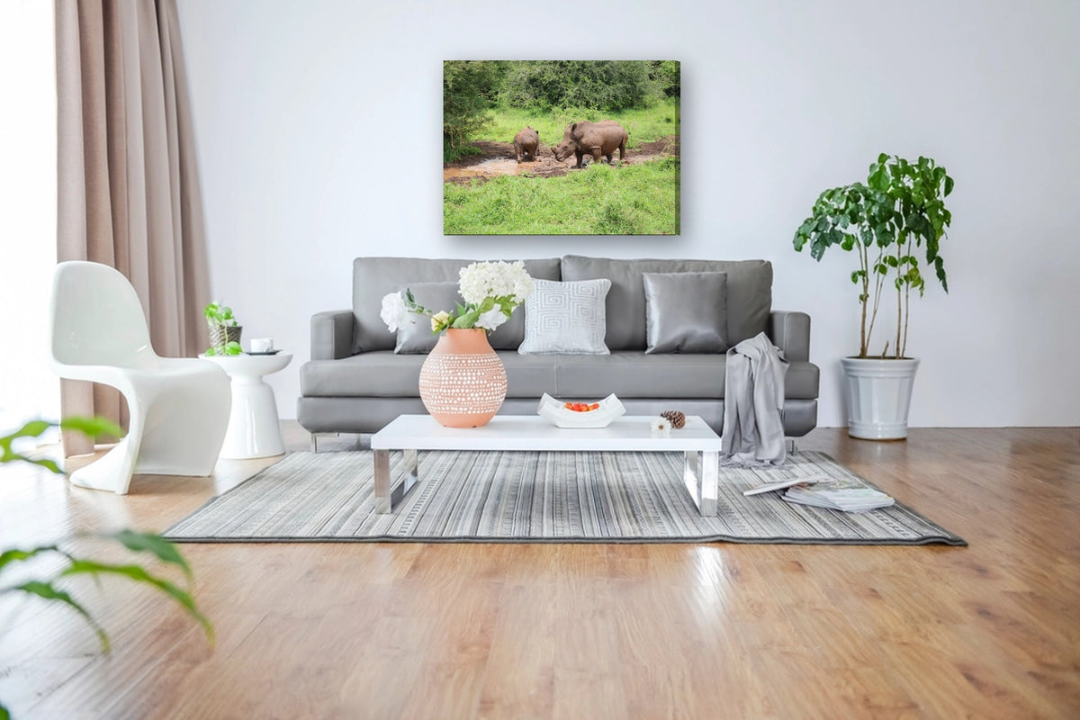 Rhinos at the Mud Wallow by Mark Isaacs canvas print in a living room