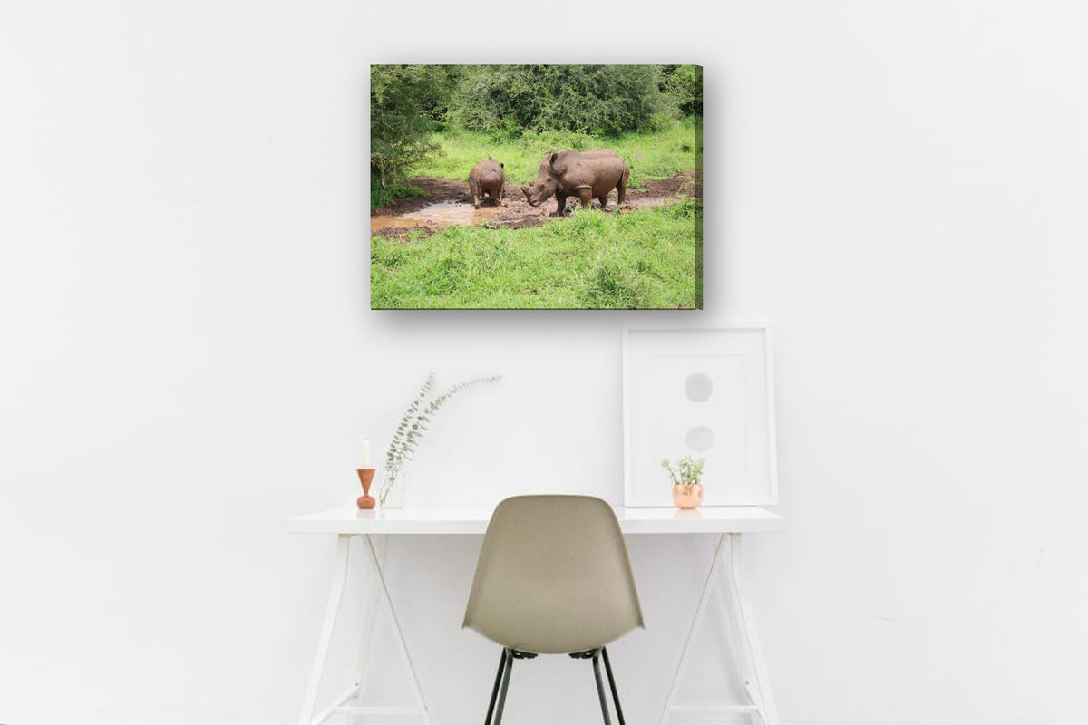 Rhinos at the Mud Wallow by Mark Isaacs canvas print in a home office