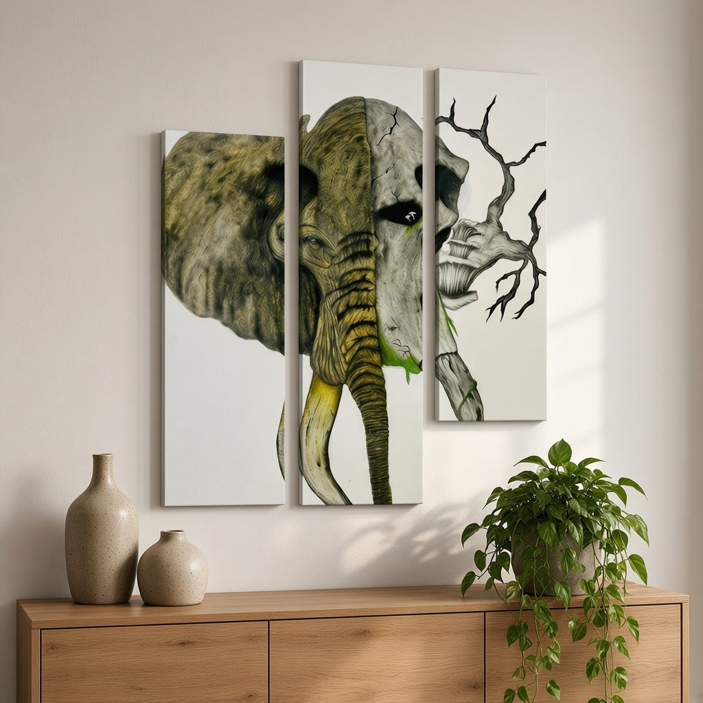 Three staggered canvas panels of Sipho's half-elephant, half-skull artwork on a warm white wall above an oak sideboard