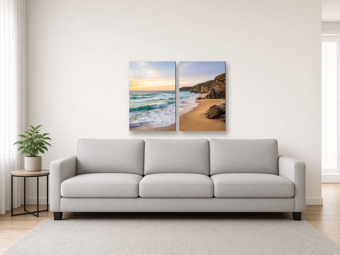 2-Panel Horizontal Split Canvas canvas print of an ocean seascape hanging above a sofa in a modern living room