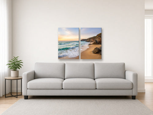2-Panel Horizontal Split Canvas canvas print of an ocean seascape hanging above a sofa in a modern living room