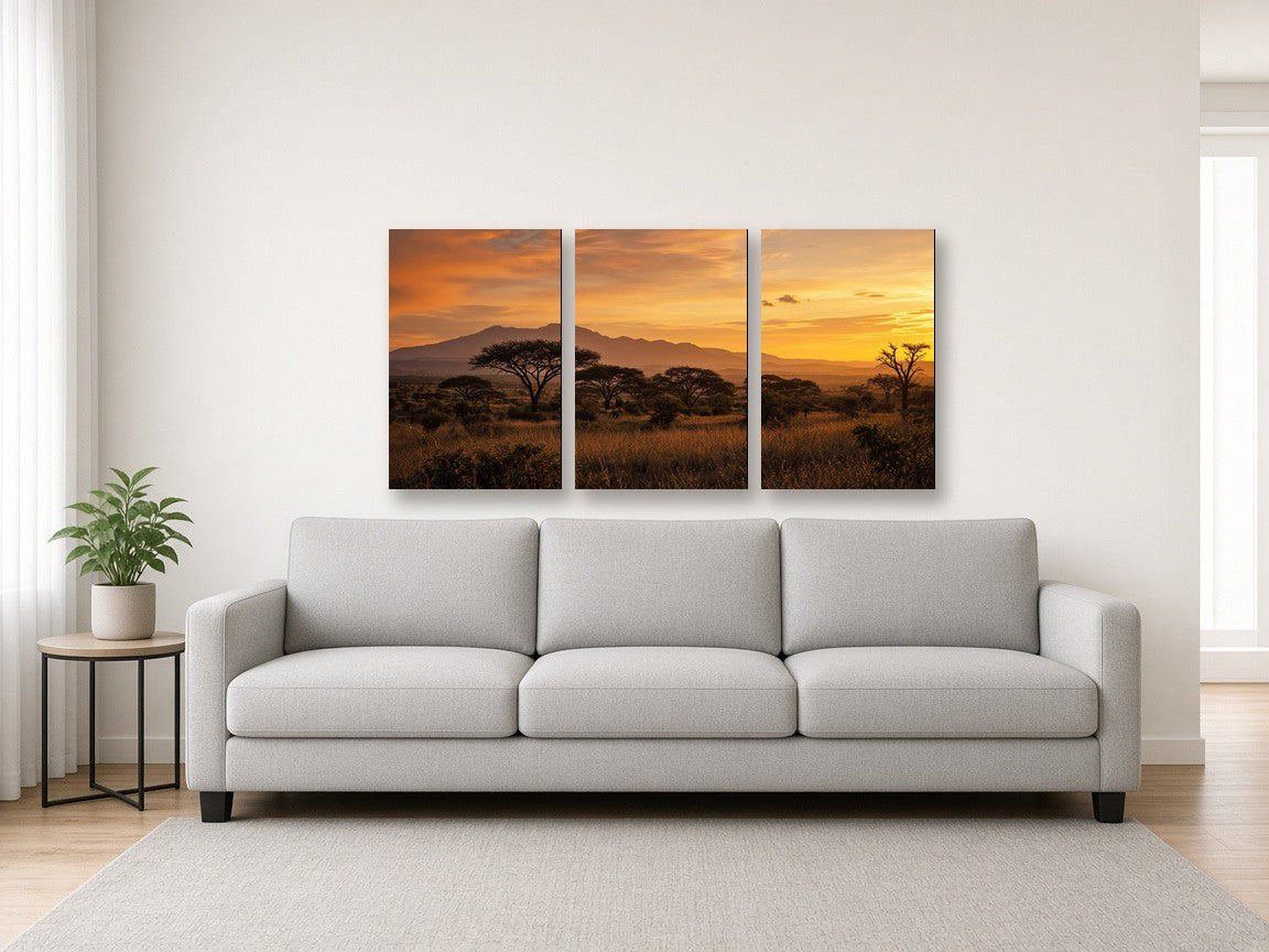 3-Panel Horizontal Split Canvas canvas print of a bushveld sunset landscape hanging above a sofa in a modern living room