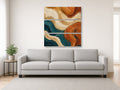3-Panel Vertical Split Canvas canvas print of an abstract artwork hanging above a sofa in a modern living room