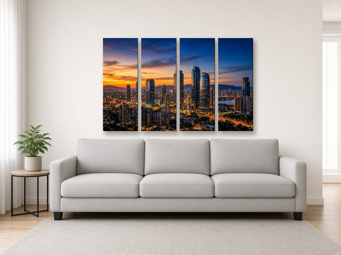 4-Panel Vertical Strips Canvas canvas print of a city skyline hanging above a sofa in a modern living room