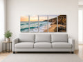 5-Panel Panorama Split Canvas canvas print of an ocean seascape panorama hanging above a sofa in a modern living room