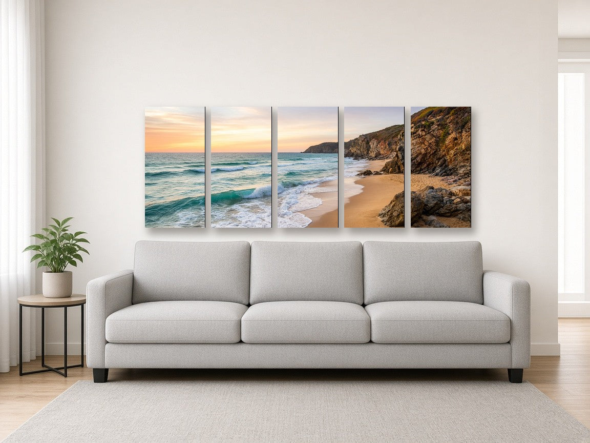 5-Panel Panorama Split Canvas canvas print of an ocean seascape panorama hanging above a sofa in a modern living room
