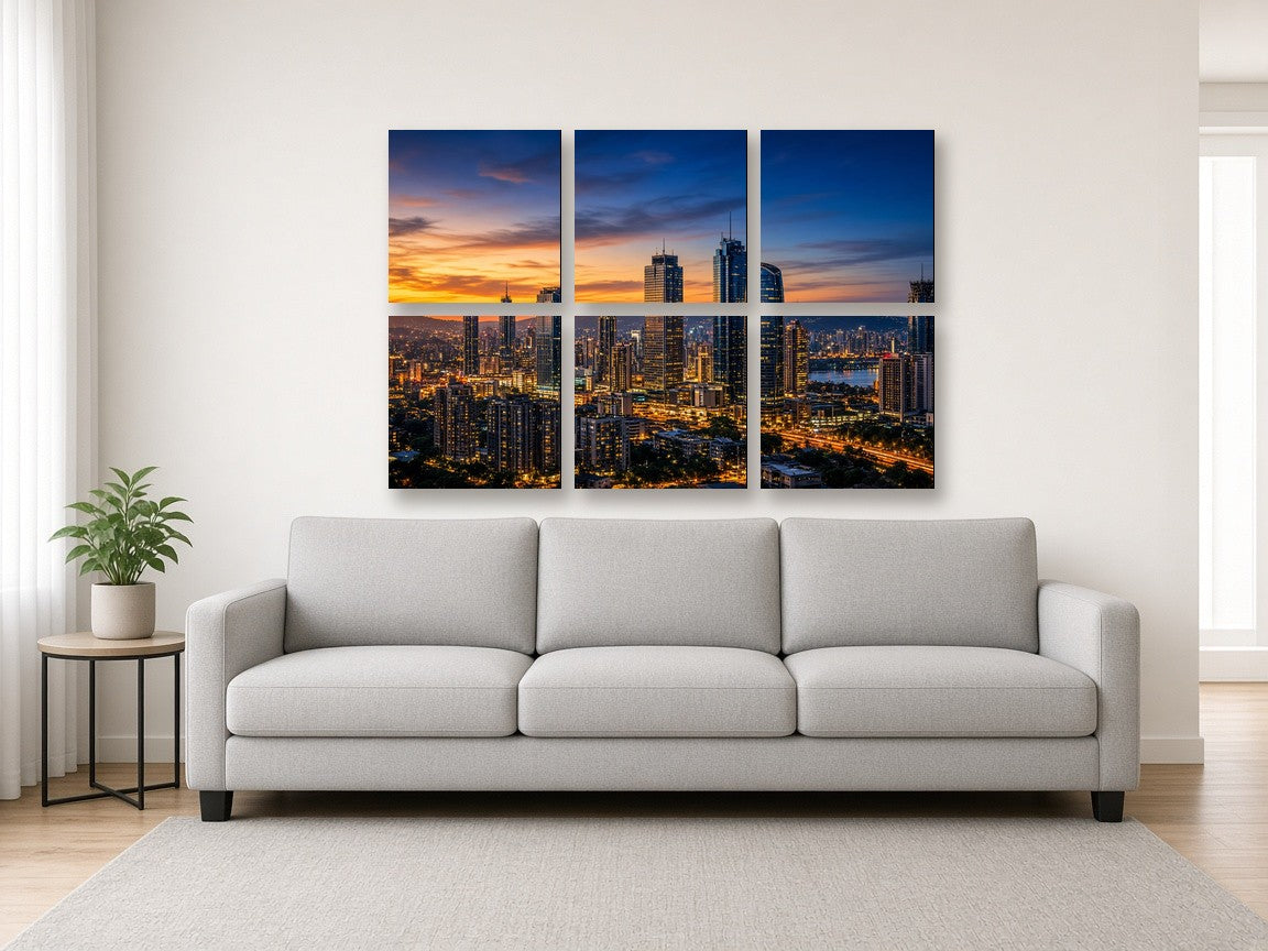 6-Panel Grid canvas print of a city skyline hanging above a sofa in a modern living room