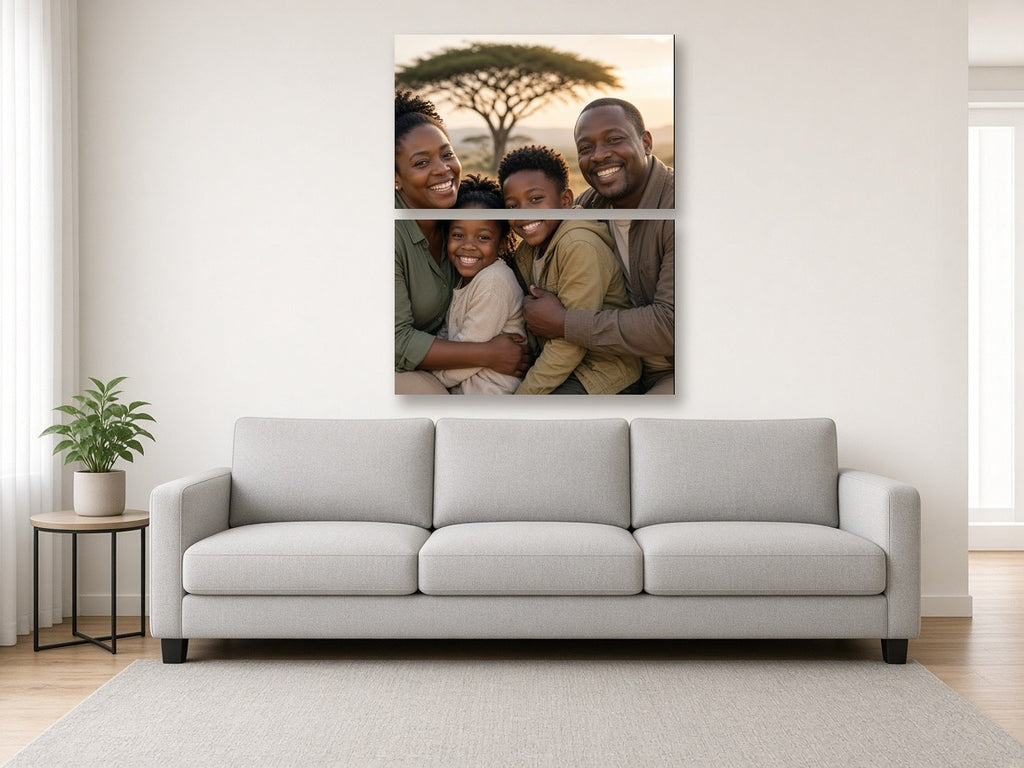2-panel vertical split canvas of a family photo above a sofa