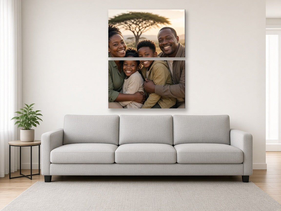 2-panel vertical split canvas of a family photo above a sofa