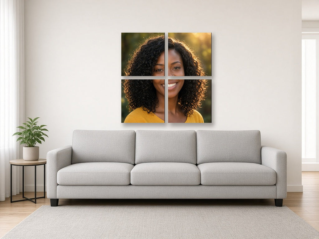 4-panel square grid split canvas portrait above a sofa