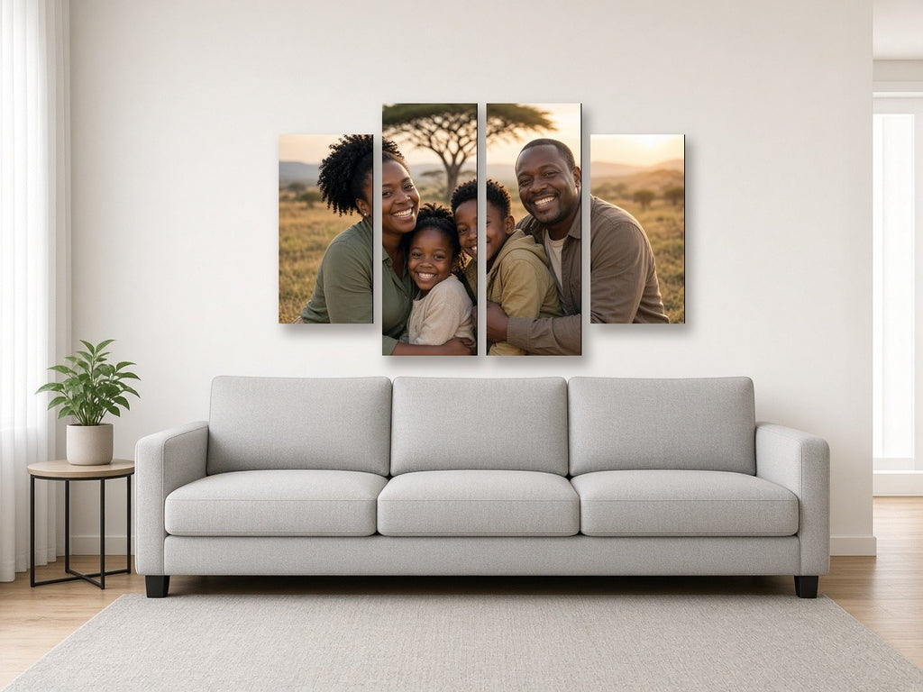 4-panel staggered split canvas of a family photo above a sofa