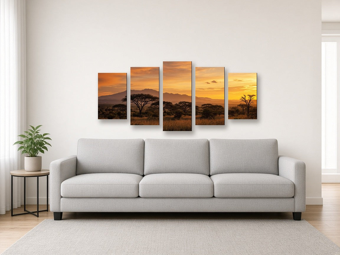 5-panel staggered split canvas of a bushveld landscape above a sofa