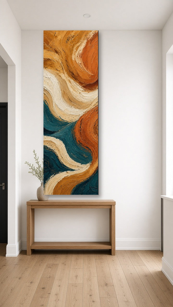 80×240cm tall abstract canvas print above a console table in a hallway